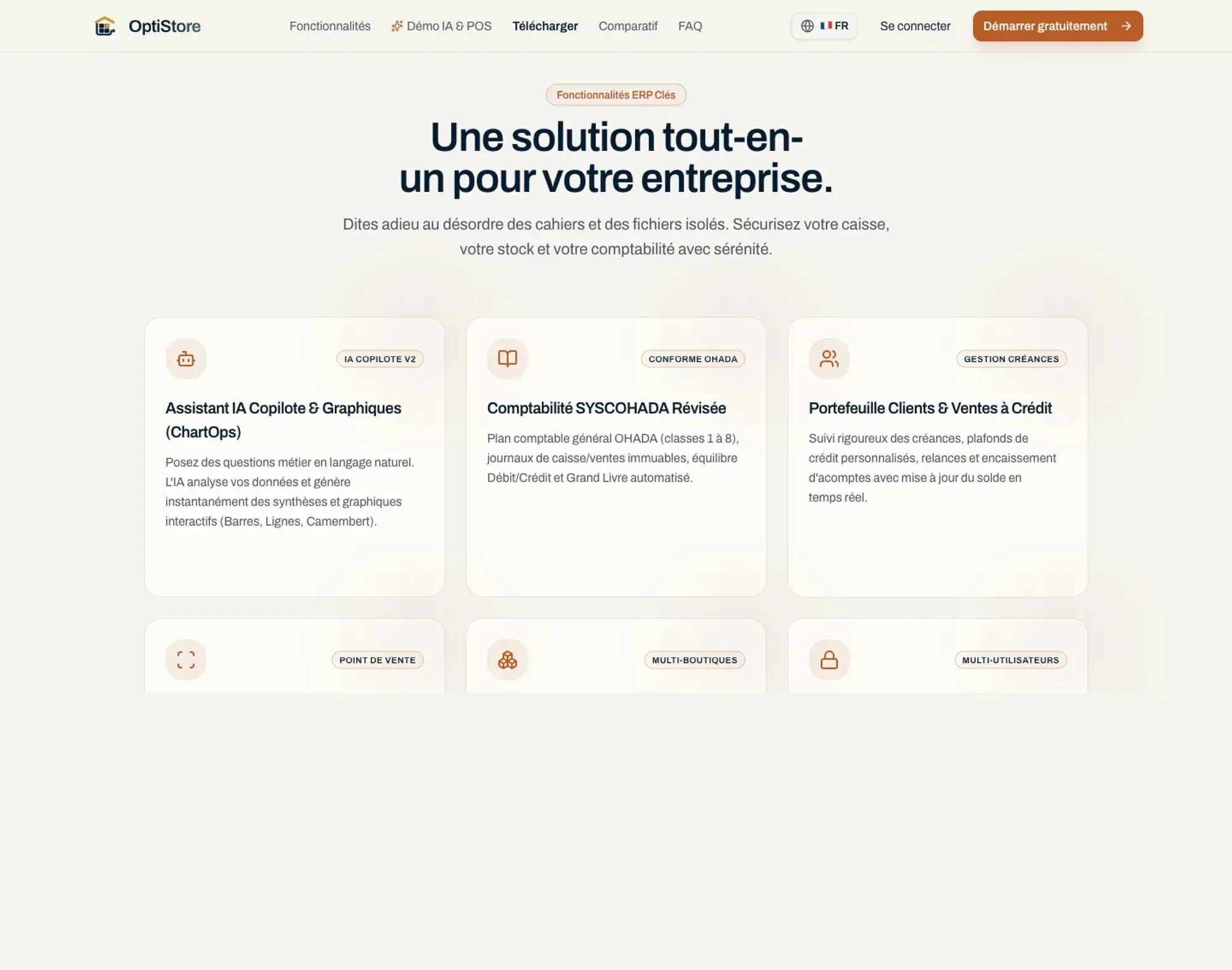 Fonctionnalités OptiStore : copilote IA, comptabilité SYSCOHADA, créances, POS, multi-entrepôts