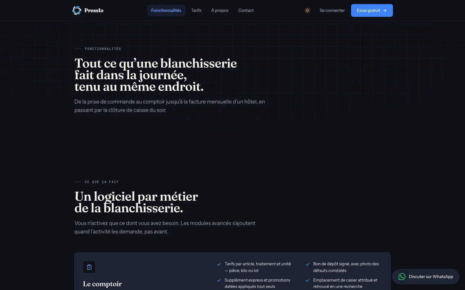 Fonctionnalités PressIo : comptoir, caisse, clients, comptes entreprises, collecte et livraison