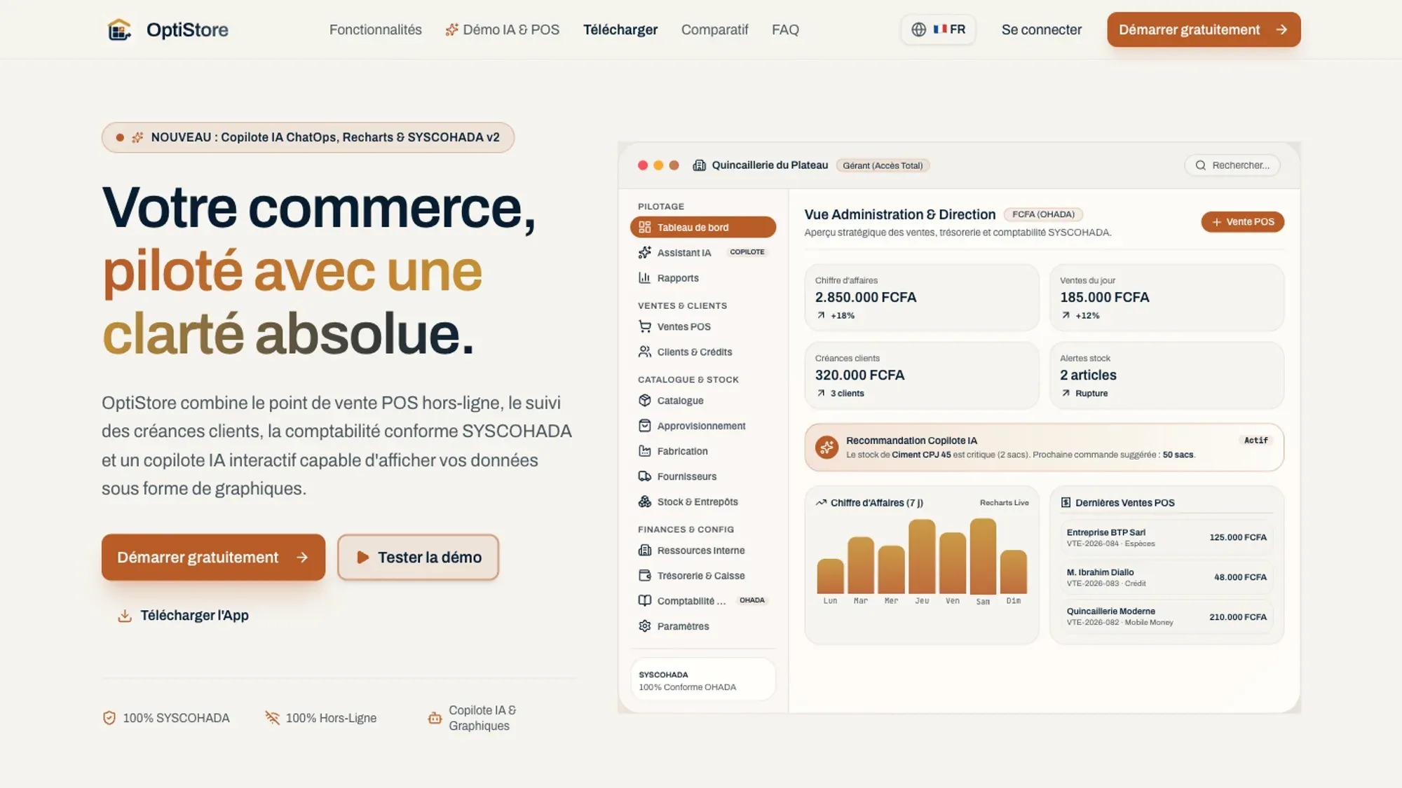 OptiStore, tableau de bord de gestion commerciale et trésorerie
