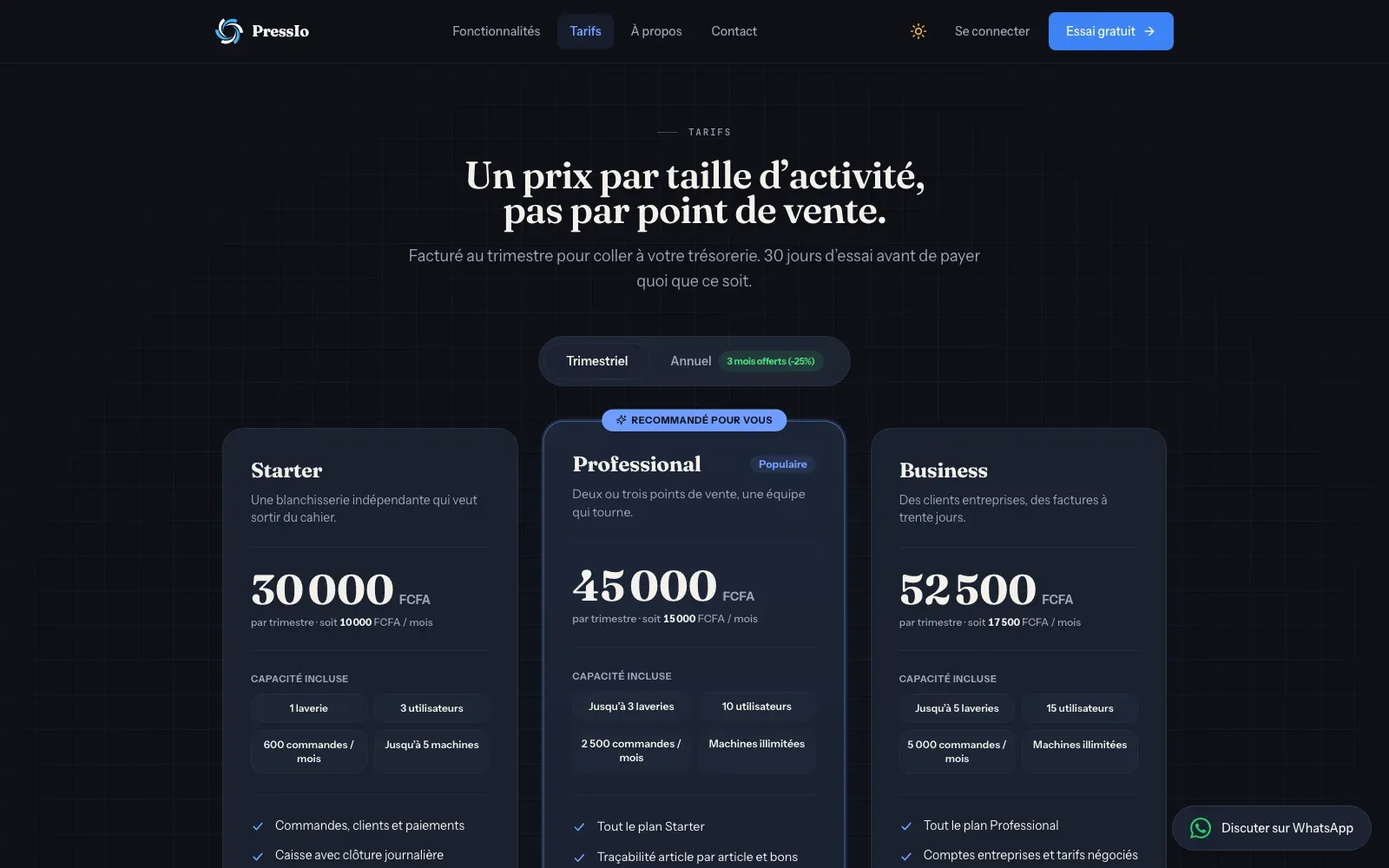 Tarifs PressIo : Starter, Professional et Business, facturés au trimestre en FCFA